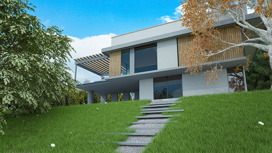Modern Summer Villa with a Garden and Stairs. 3D Render