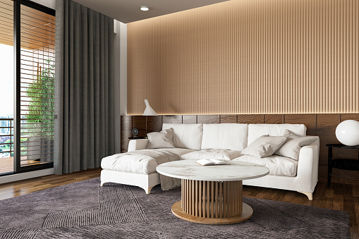 Modern Living Room with Wooden Wall Marble Coffee Table and Sofa. 3D Render