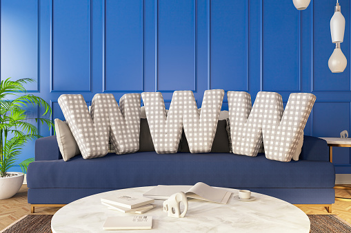 WWW World Wide Web Cushions in a Blue Living Room. 3D Render