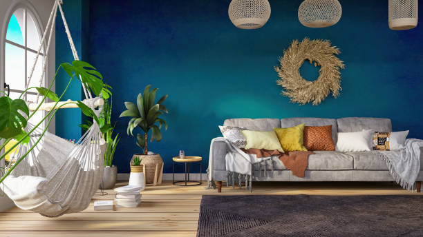 istock Cozy Living Room with a Hammock and Blue Wall 2089125052