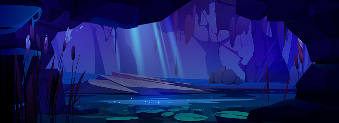 View from inside cave on dark night forest with swamp under moon light. Cartoon dusk landscape with water lily on lake surface, tree trunks on shore and moonlight beams. Exit hole from cavern.