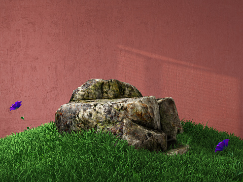 Rock Podium Stand with Green Grass and Concrete Wall. 3D Render