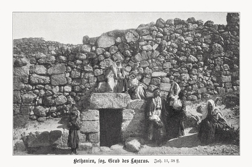 Historical view of the entrance to the so-called Tomb of Lazarus, whom Jesus brought back to life four days after his death (John 11). It is a traditional spot of pilgrimage located in the West Bank town of al-Eizariya, in Palestine, the biblical village of Bethany, on the southeast slope of the Mount of Olives, some 2.4 km (1.5 miles) east of Jerusalem. Halftone print based on a photograph, published in 1899.
