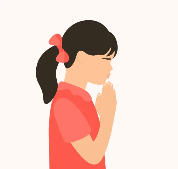 Vector illustration of Side View Of Little Girl Praying. Spirituality, Faith And Religion Concept