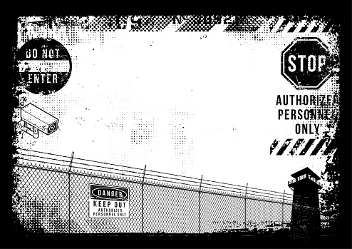 Black frame border grunge background with prison barbed wire fence, danger warning signs and surveillance cameras. Grunge textured vector illustration with copy space.