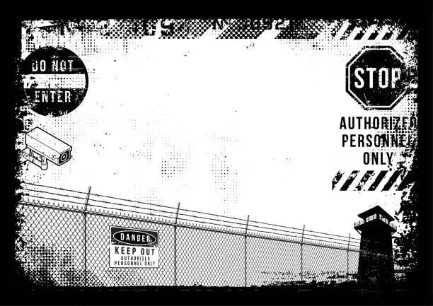 Vector illustration of Prison Fence Barbed Wire Danger Crime Zone Jail Grunge Background