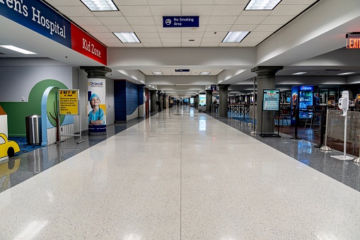 Various views of the gate area at Prague international airport in Prague, Czech Republic