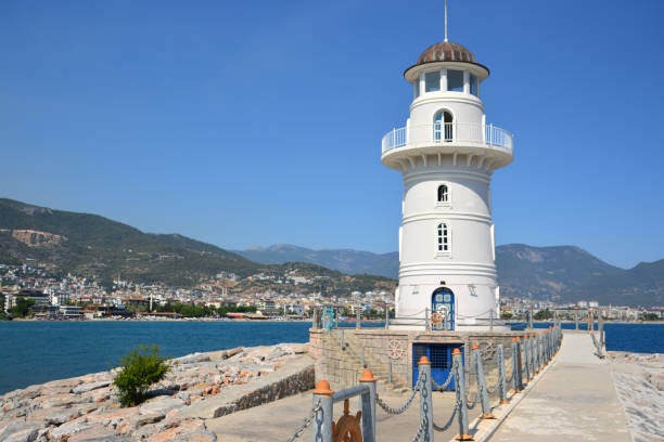 istock white lighthouse isolated on the shore with blue sky and mountains on background 2089202453