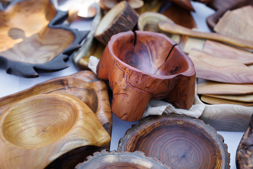 Unusual handmade wooden tableware at a street fair