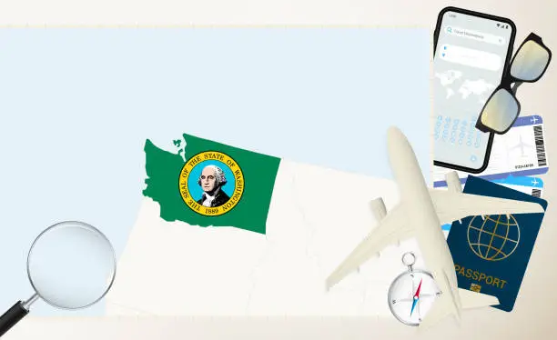 Vector illustration of Washington map and flag, cargo plane on the detailed map of Washington with flag.