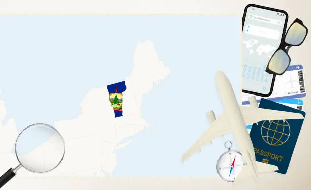 Vector illustration of Vermont map and flag, cargo plane on the detailed map of Vermont with flag.