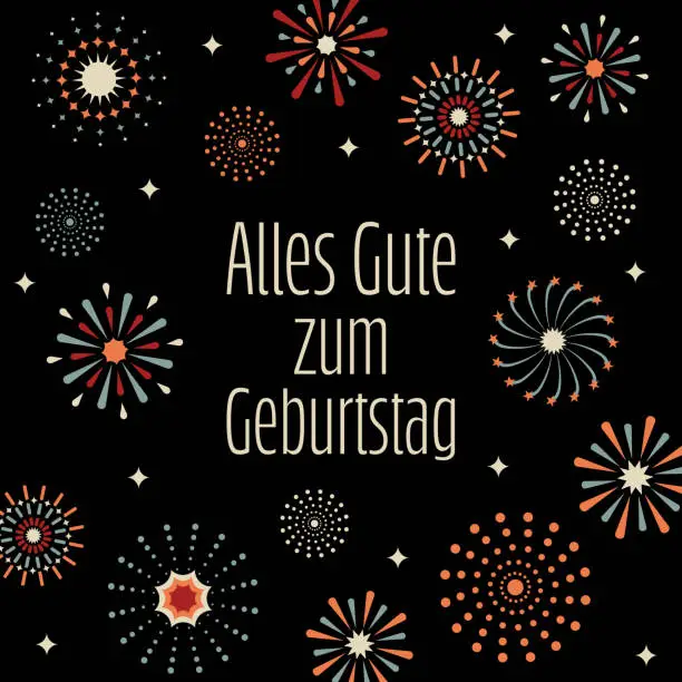 Vector illustration of Alles Gute zum Geburtstag - text in German language - Happy Birthday. Square greeting card with colorful fireworks.
