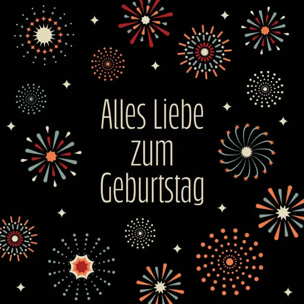 Vector illustration of Alles Liebe zum Geburtstag - text in German language - Happy Birthday. Square greeting card with colorful fireworks.