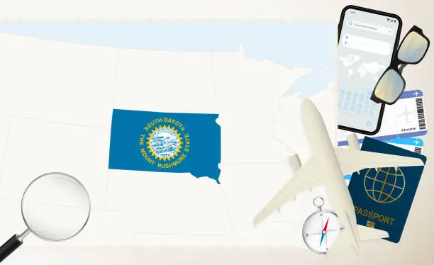 Vector illustration of South Dakota map and flag, cargo plane on the detailed map of South Dakota with flag.