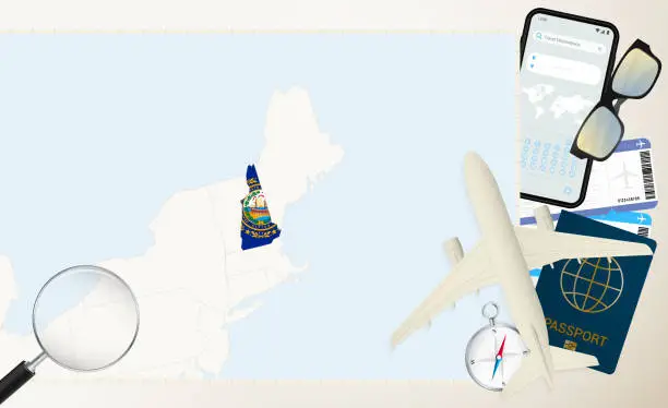 Vector illustration of New Hampshire map and flag, cargo plane on the detailed map of New Hampshire with flag.