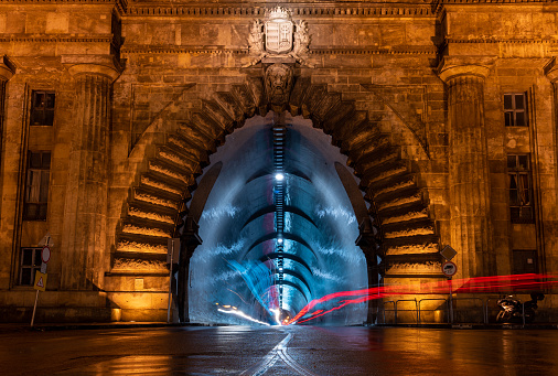 Budapest, Hungary - Buda Castle Tunnel in rainy weather. Long exposure shot.