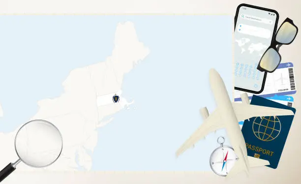 Vector illustration of Massachusetts map and flag, cargo plane on the detailed map of Massachusetts with flag.