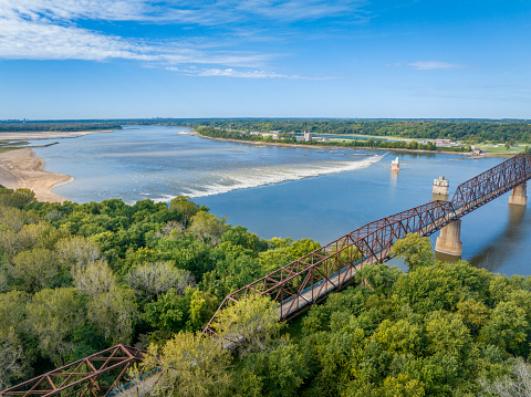 Chain of Rocks on the Mississippi RIver above St Louis with the Low Water Dam, water towers and old historic bridge