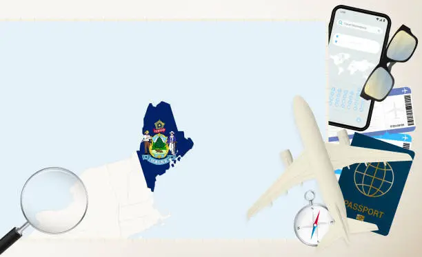 Vector illustration of Maine map and flag, cargo plane on the detailed map of Maine with flag.