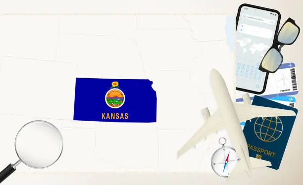 Vector illustration of Kansas map and flag, cargo plane on the detailed map of Kansas with flag.