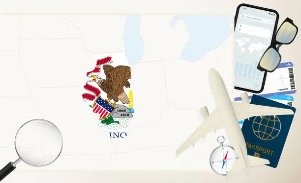Vector illustration of Illinois map and flag, cargo plane on the detailed map of Illinois with flag.