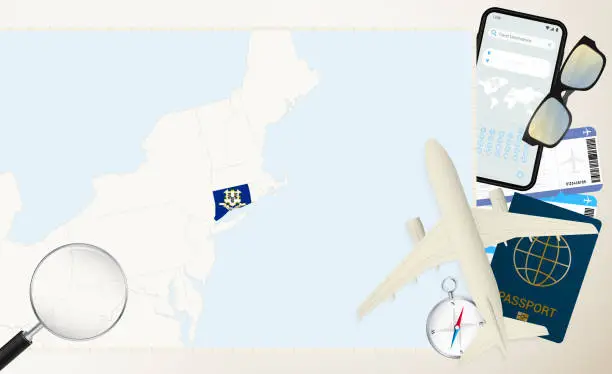 Vector illustration of Connecticut map and flag, cargo plane on the detailed map of Connecticut with flag.