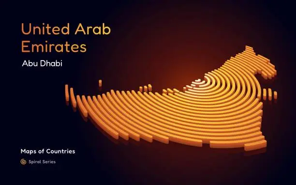 Vector illustration of 3D Gold Vector Map of United Arab Emirates in a Circle Spiral Pattern with a Capital of Abu Dhabi