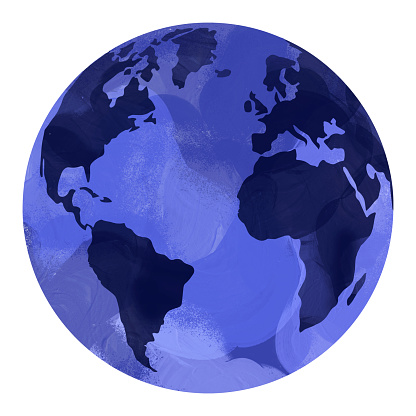 Illustration of the Earth, globe made in blue tones with watercolor texture. Vision of Africa, Europe and America. Isolated with transparent background