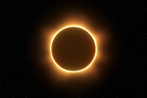 3D illustration depicting a total solar eclipse with ring of fire on a black background with stars in space
