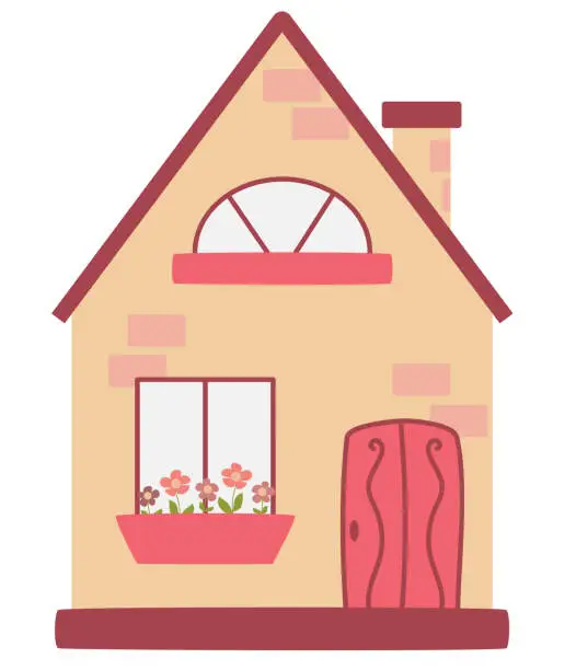 Vector illustration of Vector sweet home, house clipart, pink house with flowers, vector illustration