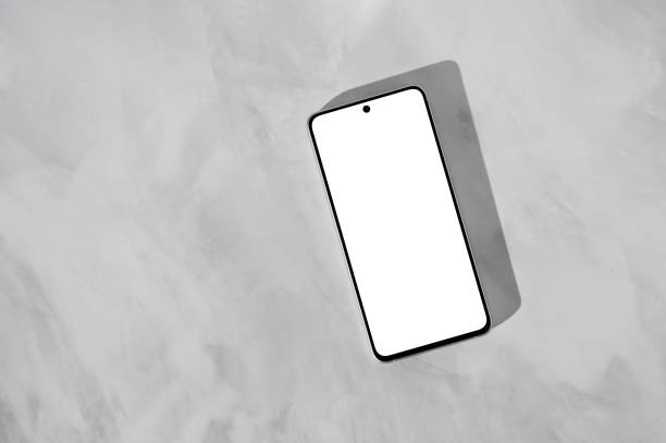 istock Minimal business branding template, white blank mobile phone screen mockup with copy space on gray marble table top background, flat lay 2089398359