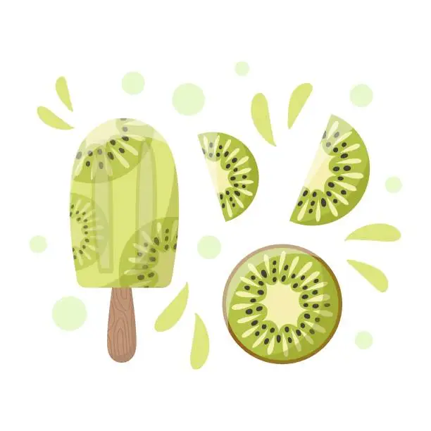 Vector illustration of Vector illustration of kiwi in flat style. Delicious ice cream, juicy fresh fruit, summer time