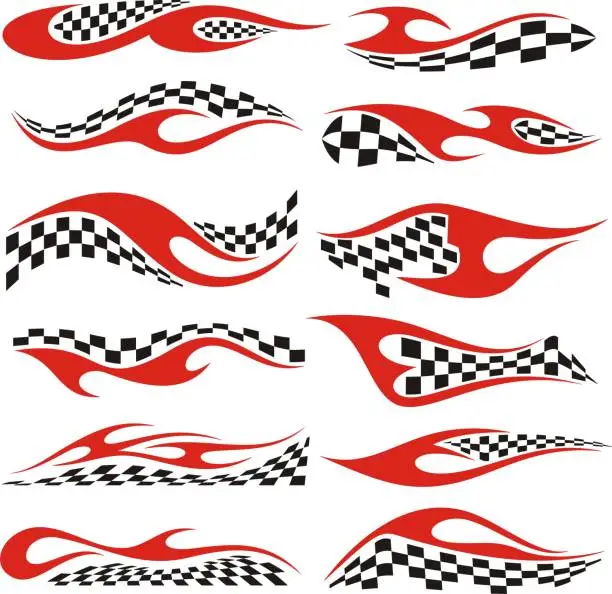 Vector illustration of Vector Racing Flame Designs with Checkered Flags for Vehicle Vinyl Decals