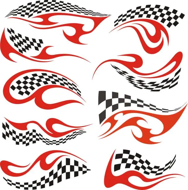 Vector illustration of Vector Racing Flame Designs with Checkered Flags for Vehicle Vinyl Decals