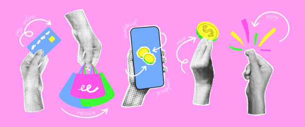 Online shopping collage elements set vector illustration Online shopping collage elements set. Halftone hands holding shopping bags, credit card, money. Concept of online payment, saving money, cashback. Modern retro y2k vector illustration popart hand stock illustrations