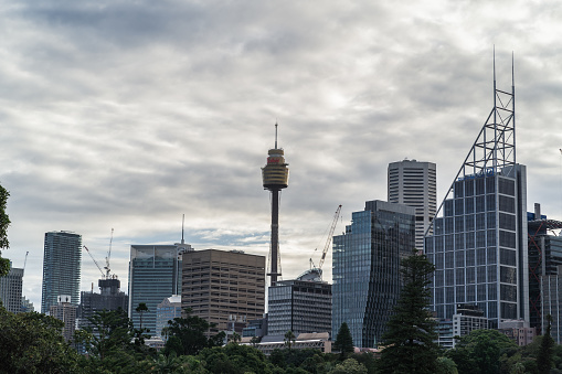 Sydney, NSW, Australia, February 20th 2024. A view of Sydney's skyline showing towering skyscrapers with reflective glass facades amidst a cloudy sky.