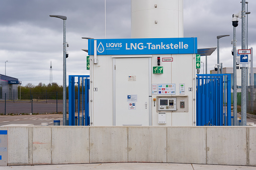 Magdeburg, Germany – March 16, 2024: LNG, liquefied natural gas-Tankstation for Trucks in Magdeburg in Germany