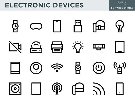 A set of thin line electronic devices icons. The black outline stroke is fully editable. The vector EPS file has a transparent background, so the icons can be placed onto any color.