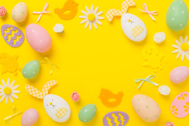 istock Easter eggs and decoration on color background, top view 2089546323