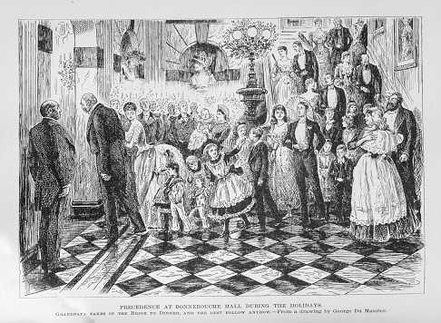 Illustration from  Harpers Monthly Magazine LXXIV December-1886-May-1887:- Family and friends, all English High Society follow grandpapa into the dining room of Bonnebouche Hall during the holidays.
