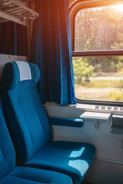 istock train window and chair, speed railway, green trees outside 2089585377