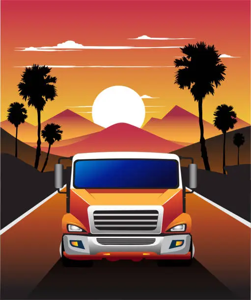 Vector illustration of Truck on the road in the evening