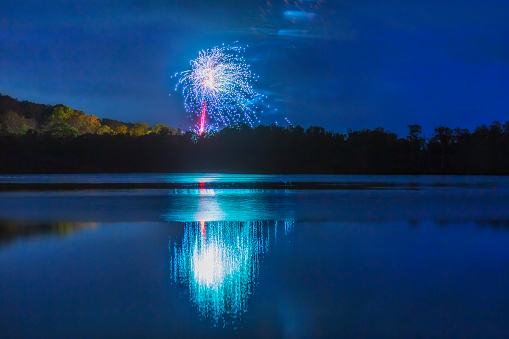 New Year Eve 2024 fireworks on Lake Macquarie of Australia - swansea town lakeshore night night entertaiment.