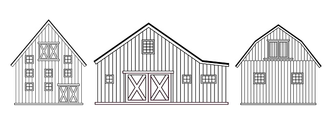 Set of black wite doodle cartoon alone wooden barn houses, roofs, windows and doors with crossed white boards. Vector Outline isolated hand drawn illustrations on white background, front view