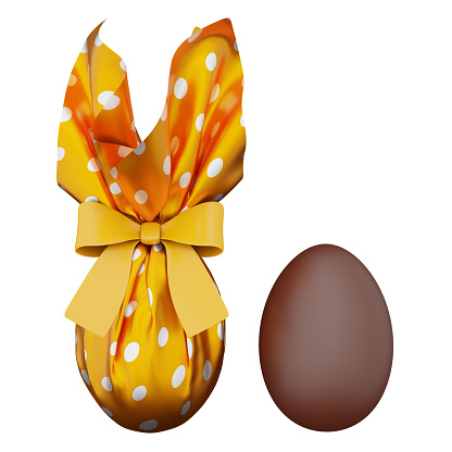3D rendering of chocolate eggs, with one of them wrapped in yellow aluminum foil.