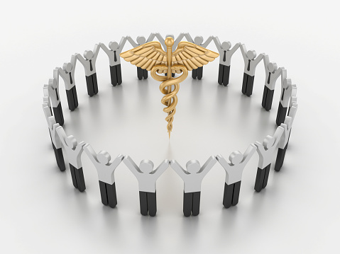Medical Symbol Caduceus with Pictogram Teamwork People - Gray Background - 3D Rendering