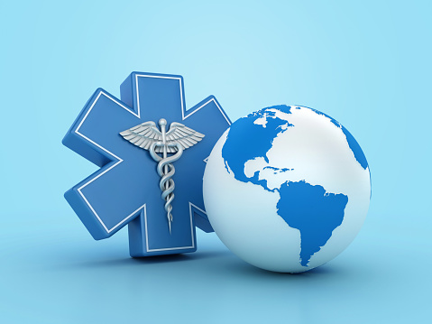 Medical Symbol Caduceus with Globe World Map - Color Background - 3D Rendering