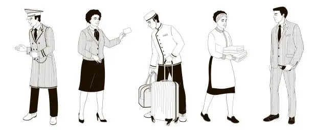 Vector illustration of hotel staff  African American male and female characters part 1, doorman, concierge, porter, maid, security