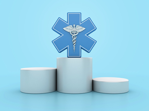 Medical Symbol Caduceus on Podium - Color Background - 3D Rendering