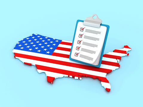 Check List Clipboard on USA Country Flag - Color Background - 3D Rendering